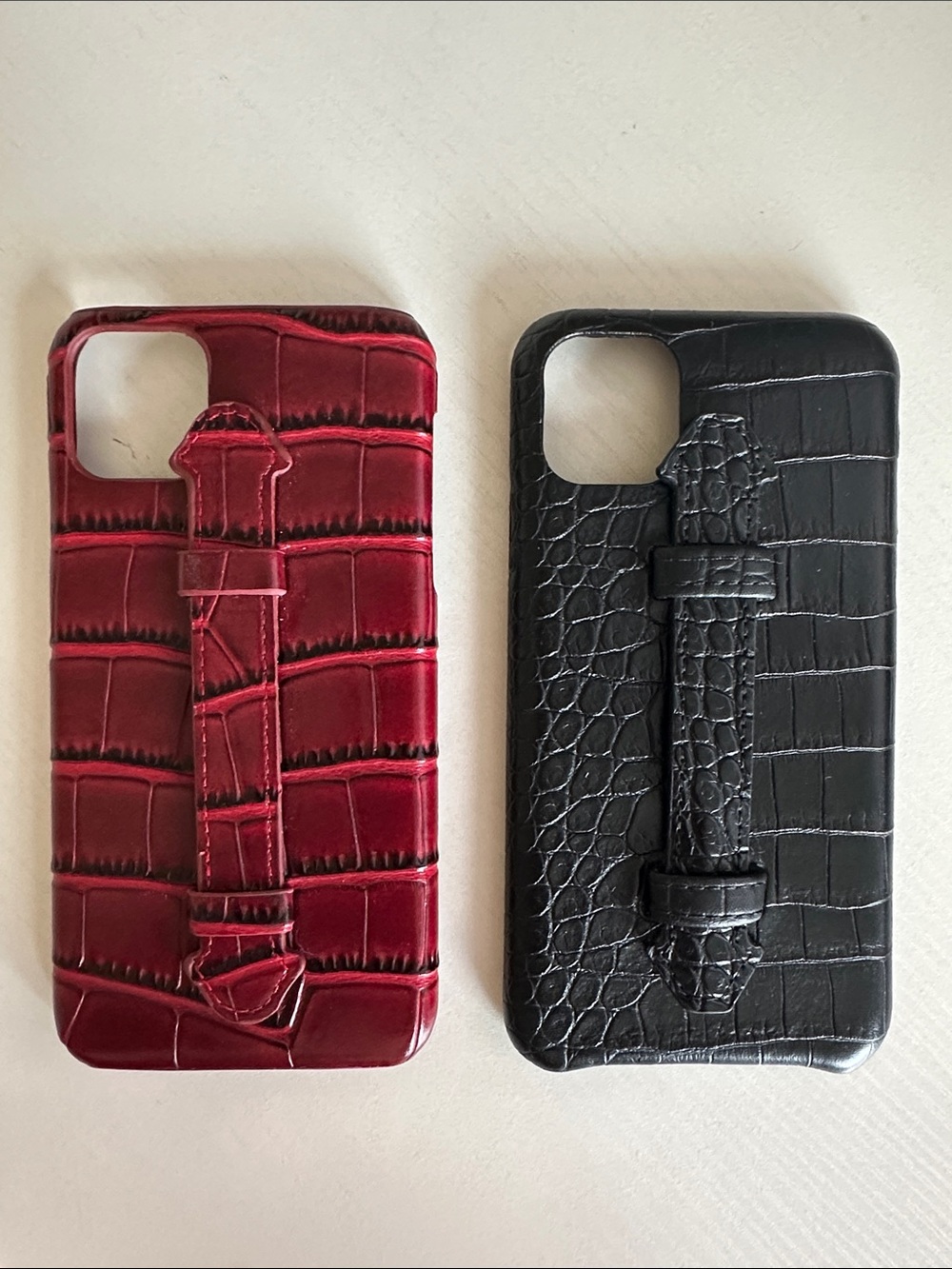 New iPhone 12 Pro Max Leather-Textured Phone Case with Wrist Strap - Red & Black